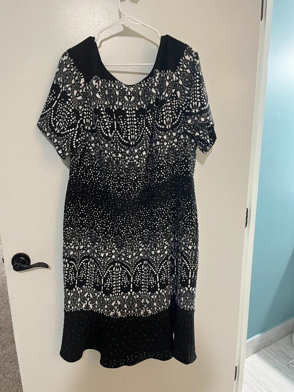Adrianna Papell 18W Black White Lace Print Fit Flare Midi Dress Plus Size